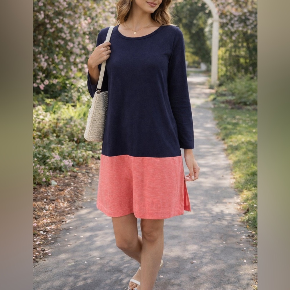 J. Crew Navy & Coral Colorblock Long Sleeve Dress - Size S